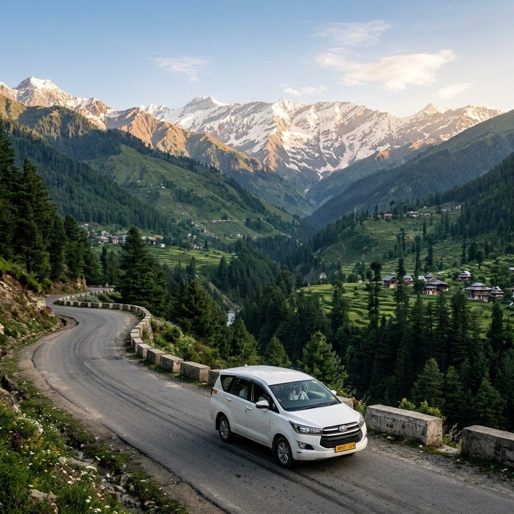 Taxi travelling through a scenic Himalayan mountain road